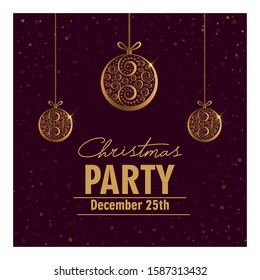 Christmas party invitation card. Can be used as a banner, poster, postcard, flyer. Vector illustration with gold xmas balls and text on dark violet isolated background.