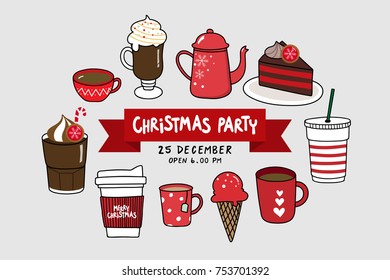 Christmas party invitation card with cute sweet cake, chocolate and coffee winter drink vector