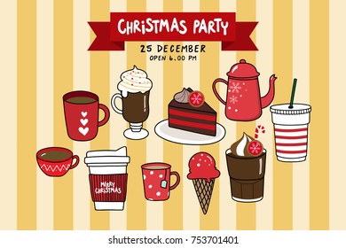 Christmas party invitation card with cute sweet cake, chocolate and coffee winter drink vector