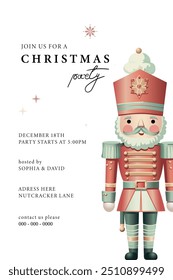 Christmas party invitation card. Nutcracker design for cover, banner, poster on white background, vector illustration. 