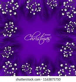 Christmas party invitation card purple ultraviolet background with violet fir pine branches and winter white berries