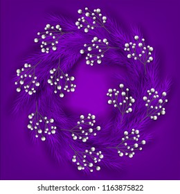 Christmas party invitation card purple ultraviolet background with violet fir pine branches and winter white berries
