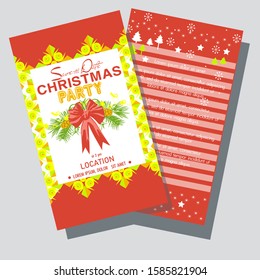 Christmas party invitation card with red bow. Save the date. Lokation.