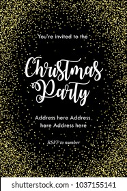 Christmas party invitation card, template. Black with golden confetti and lettering
