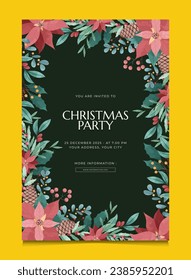 Christmas Party Invitation Card Template with Floral Background