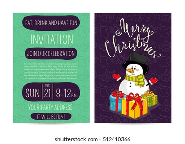 Christmas party invitation with cartoon Snowman, gifts, decoration vectors. Christmas party invitation layout.