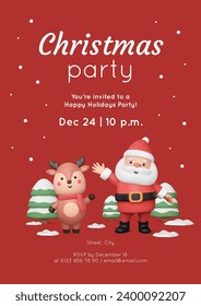 Christmas party invitation with cute 3D baby deer and Santa Claus waving his hand. New Year's vertical banner template with characters in plastic style. Winter vector illustration, snowy trees render.