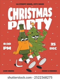 Christmas Party invitation with cute cartoon characters. Design template in retro groovy style. Vector illustration for party flyer, greeting card.