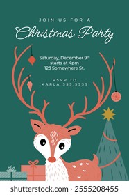 Christmas party invitation with a cute reindeer with ornaments on it's antlers and a Christmas tree with presents in the background 