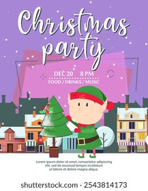 Diseño de invitación de fiesta de Navidad con elfo. Inscripción con elfo cerca de abeto en el fondo con la ciudad de invierno. Se puede utilizar para postales, invitaciones, tarjetas de felicitación