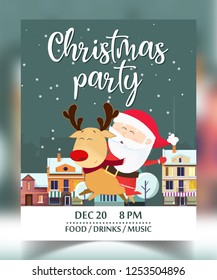 Christmas party invitation design with Santa Claus and deer. Inscription with Santa Claus riding on deer on background with winter town. Can be used for postcards, invitations, greeting cards