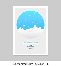 Christmas party invitation design template, winter background with trees and snowflakes vector illustration