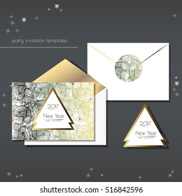 Christmas party invitation with envelope template and a sticker. Card has enough copy space. Vector format.