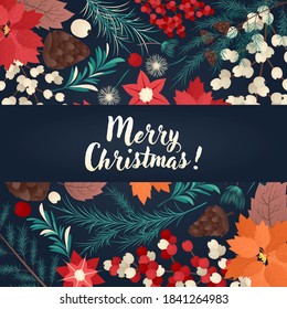 christmas party invitation, event announcement flyer or greeting card templates with traditional holiday natural decorations. christmas festive texture winter holiday background