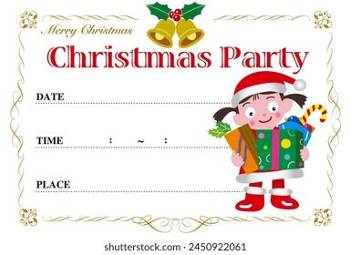 A Christmas party invitation featuring a girl dressed as Santa Claus and holding lots of presents.
