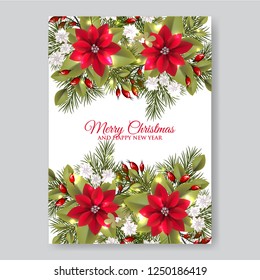 Christmas party invitation with fir branch, Bow and Stars. Merry Christmas and Happy New Year Card Xmas Decorations. Blur Snowflakes. Vector.