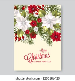 Christmas party invitation with fir branch, Bow and Stars. Merry Christmas and Happy New Year Card Xmas Decorations. Blur Snowflakes. Vector.
