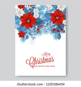 Christmas party invitation with fir branch, Bow and Stars. Merry Christmas and Happy New Year Card Xmas Decorations. Blur Snowflakes. Vector.