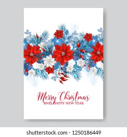 Christmas party invitation with fir branch, Bow and Stars. Merry Christmas and Happy New Year Card Xmas Decorations. Blur Snowflakes. Vector.