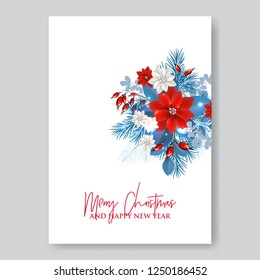 Christmas party invitation with fir branch, Bow and Stars. Merry Christmas and Happy New Year Card Xmas Decorations. Blur Snowflakes. Vector.
