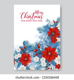 Christmas party invitation with fir branch, Bow and Stars. Merry Christmas and Happy New Year Card Xmas Decorations. Blur Snowflakes. Vector.