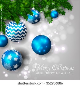 Christmas party invitation with fir branch, Bow and Stars. Merry Christmas and Happy New Year Card Xmas Decorations. Blur Snowflakes. Vector.