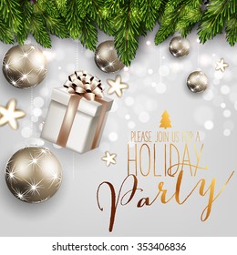 Christmas party invitation with fir branch, Bow, gift box and Stars. Merry Christmas and Happy New Year Card Xmas Decorations. Blur Snowflakes. Vector.