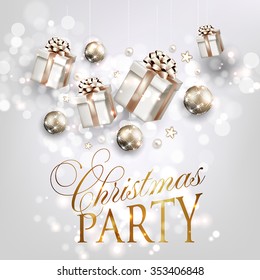 Christmas party invitation with fir branch, Bow, gift box and Stars. Merry Christmas and Happy New Year Card Xmas Decorations. Blur Snowflakes. Vector.