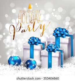 Christmas party invitation with fir branch, Bow, gift box and Stars. Merry Christmas and Happy New Year Card Xmas Decorations. Blur Snowflakes. Vector.