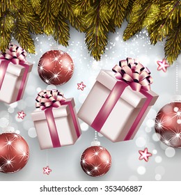 Christmas party invitation with fir branch, Bow, gift box and Stars. Merry Christmas and Happy New Year Card Xmas Decorations. Blur Snowflakes. Vector.