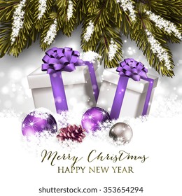Christmas party invitation with fir branch, Bow, gift box and Stars. Merry Christmas and Happy New Year Card Xmas Decorations. Blur Snowflakes. Vector.