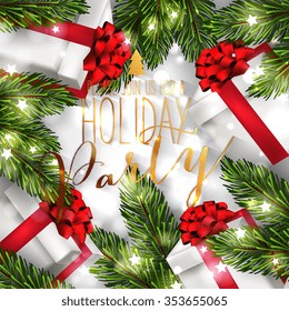 Christmas party invitation with fir branch, Bow, gift box and Stars. Merry Christmas and Happy New Year Card Xmas Decorations. Blur Snowflakes. Vector.