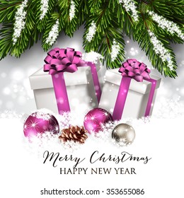 Christmas party invitation with fir branch, Bow, gift box and Stars. Merry Christmas and Happy New Year Card Xmas Decorations. Blur Snowflakes. Vector.
