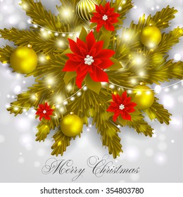 Christmas party invitation with fir branch, Bow and Stars. Merry Christmas and Happy New Year Card Xmas Decorations. Blur Snowflakes. Vector.