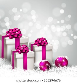 Christmas party invitation with fir branch, Bow, gift box and Stars. Merry Christmas and Happy New Year Card Xmas Decorations. Blur Snowflakes. Vector.