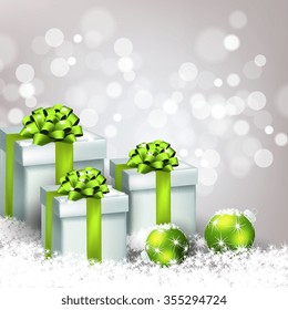 Christmas party invitation with fir branch, Bow, gift box and Stars. Merry Christmas and Happy New Year Card Xmas Decorations. Blur Snowflakes. Vector.