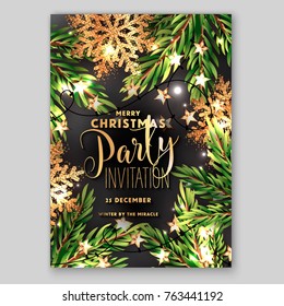 Christmas party invitation with fir branches gold snowflake sters light garland on chalkboard