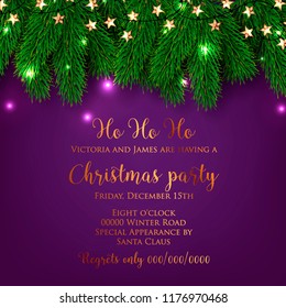 Christmas Party invitation Fir pine tree branches light garland Winter holiday greeting card