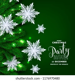 Christmas Party invitation Fir pine tree branches light garland paper cut snowflake origami Winter holiday greeting card