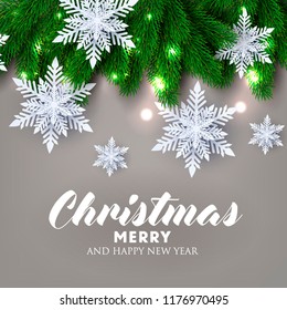 Christmas Party invitation Fir pine tree branches light garland paper cut snowflake origami Winter holiday greeting card