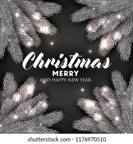 Christmas Party invitation Fir pine tree branches light garland Winter holiday greeting card