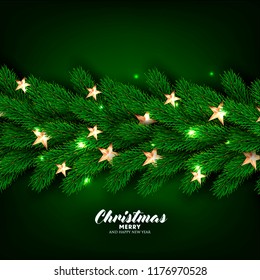 Christmas Party invitation Fir pine tree branches light garland Winter holiday greeting card