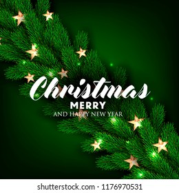 Christmas Party invitation Fir pine tree branches light garland Winter holiday greeting card