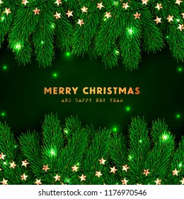 Christmas Party invitation Fir pine tree branches light garland Winter holiday greeting card