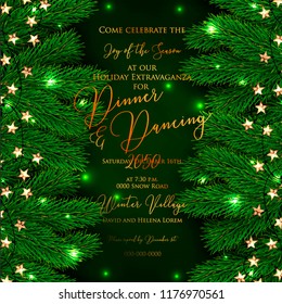 Christmas Party invitation Fir pine tree branches light garland Winter holiday greeting card