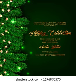Christmas Party invitation Fir pine tree branches light garland Winter holiday greeting card