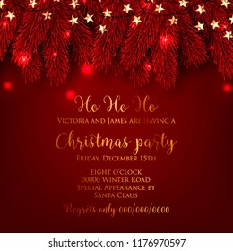 Christmas Party invitation Fir pine tree branches light garland Winter holiday greeting card red background