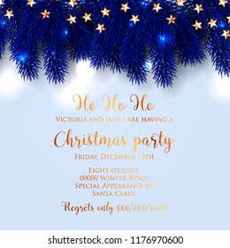 Christmas Party invitation Fir pine tree branches light garland Winter holiday greeting card blue
