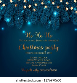 Christmas Party invitation Fir pine tree branches light garland Winter holiday greeting card blue