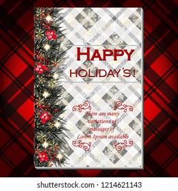 Christmas party invitation with fir, pine and holly berry branches garland. Red tartan background eps10